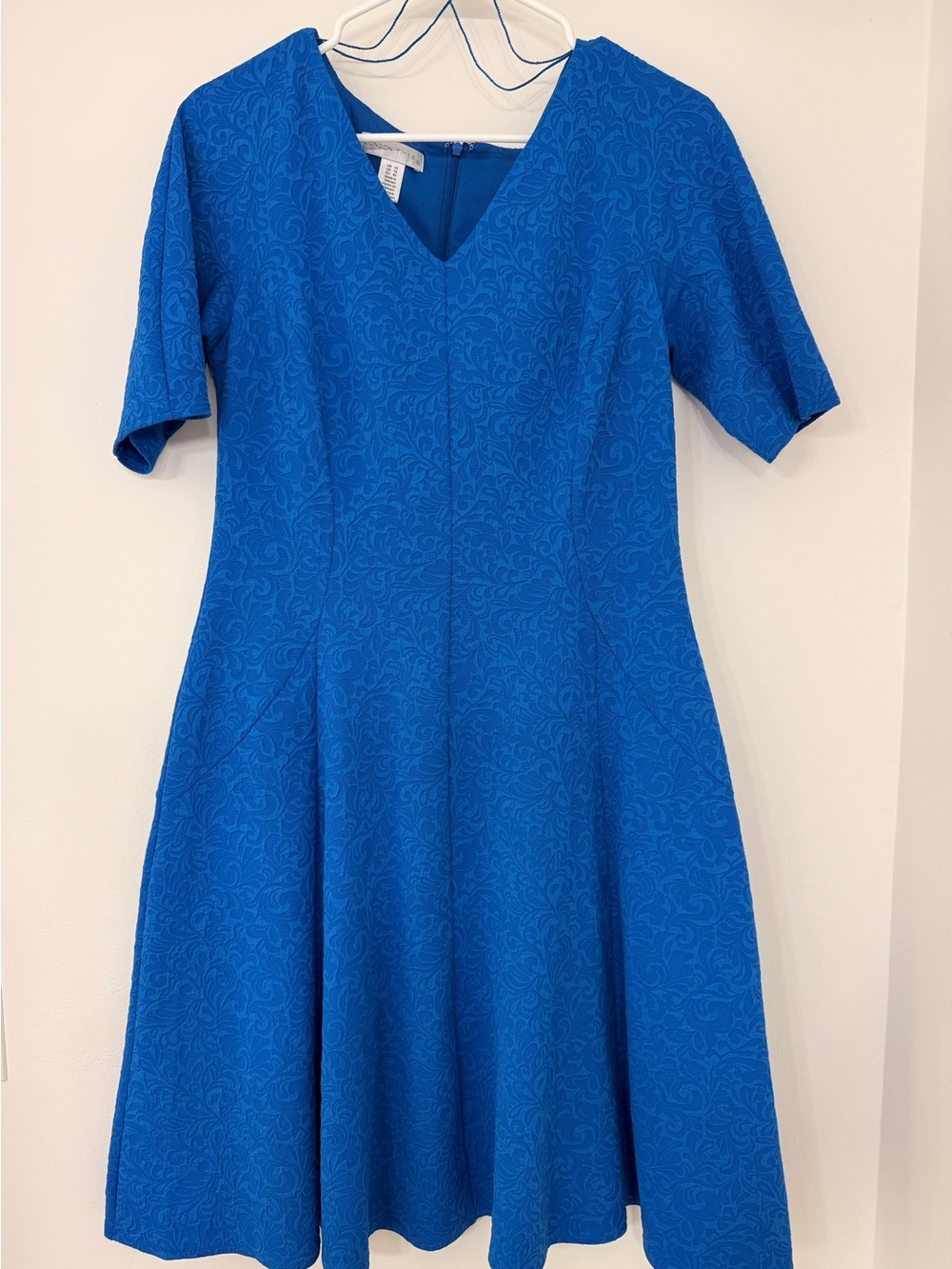 London Times Women's Blue Textured V-Neck Fit & Flare Dress